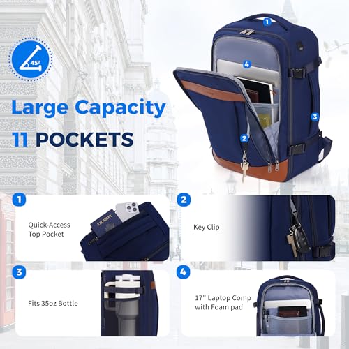 ECOHUB 19" Travel Backpack for Men Women 30L Large Carry-On Backpack with 17.3 In Laptop Compartment,Blue - color: Blue