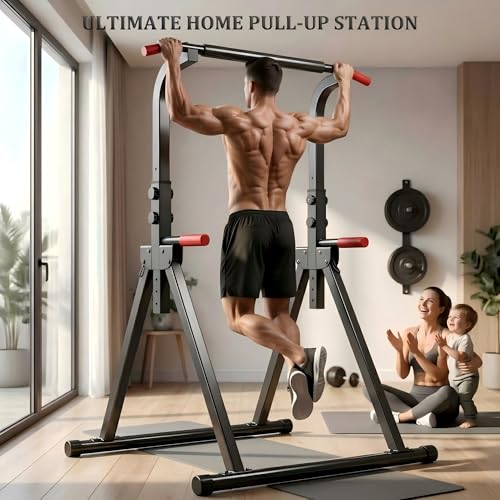 KINMAC Foldable Power Tower Pull Up Bar Station for Home Gym, 6-Level Adjustable Height Dip Station, Heavy-Duty Industrial Steel Workout Equipment, Space-Saving Free-Standing Strength Training Station for Apartment, 440LBS Capacity