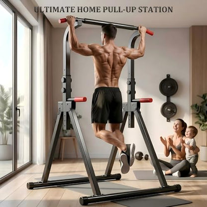 Foldable Pull Up Bar Standing Power Tower, Multi-Function Dip Station, 6-Level Adjustable Height Strength Training Equipment for Home Gym, 440lbs Capacity
