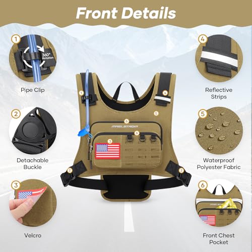 Maelstrom Hydration Vest with 2L Water Bladder Backpack for Running Hiking | Chest Pack, BPA-free, High Flow Bite, Reflective Stripe, Helmet Buckle, Detachable, Breathable Pad, for Cycling, Marathon - color: Khaki