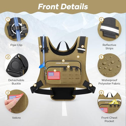 Maelstrom Hydration Vest with 2L Water Bladder Backpack for Running Hiking | Chest Pack, BPA-free, High Flow Bite, Reflective Stripe, Helmet Buckle, Detachable, Breathable Pad, for Cycling, Marathon - color: Khaki