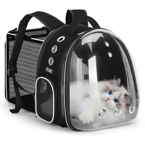 Lekereise Cat Backpack Carrier, Expandable Large Space Cat Bubble Backpack for Kitty Small Dog up to 18lbs, Transparent Pet Carrier for Travel, Hiking - color: Black