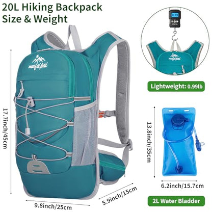 Hydration Backpack with 2L Water Bladder - 20L Water Backpack for Hiking, Cycling, Running, Biking, Lightweight Hiking Pack Bag for Women & Men with Trekking Pole Holders - color: blue with 2L water bladder