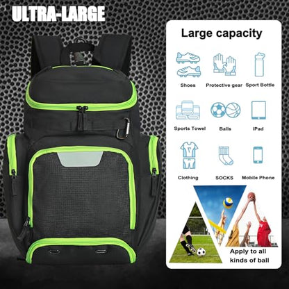 LARIPOP Basketball Backpack with Ball & Ventilated Shoe Compartment Insulated Pockets for Men Training - color: Green