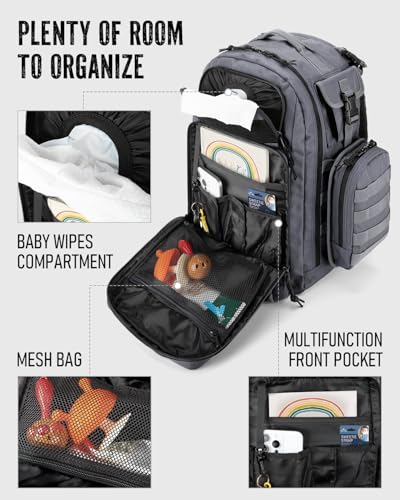 Dinictis Dad Diaper Bag, Mens Diaper Bag Backpack with Diaper Changing Mat, Military Diaper Backpack with Molle Webbing, Waterproof Pouch, Baby Wipes pocket, Insulated Bottle Pockets- Dark Grey - color: Dark Grey