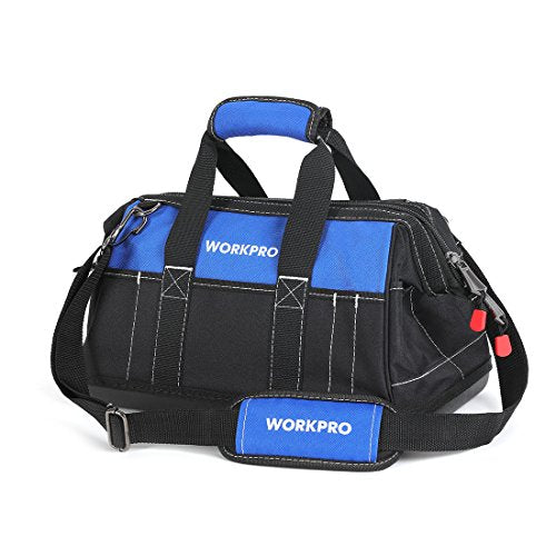 WORKPRO 16-inch Wide Mouth Tool Bag with Water Proof Molded Base | Heavy Duty Cloth Tool Storage Bag, Adjustable Shoulder Strap - color: Black&Blue