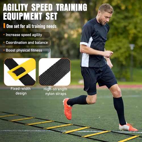 MUROZA Agility Ladder, Agility Speed Training Equipment Set, 20ft Speed Ladder, 12 Soccer Cones, 4 Hurdles, Jump Rope, Running Parachute, Soccer Football Basketball Training Equipment Accessories - color: Yellow