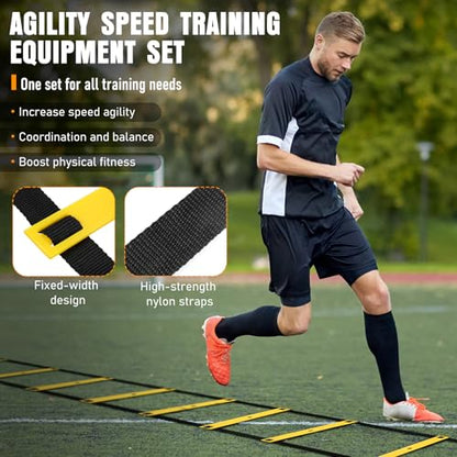 MUROZA Agility Ladder, Agility Speed Training Equipment Set, 20ft Speed Ladder, 12 Soccer Cones, 4 Hurdles, Jump Rope, Running Parachute, Soccer Football Basketball Training Equipment Accessories - color: Yellow