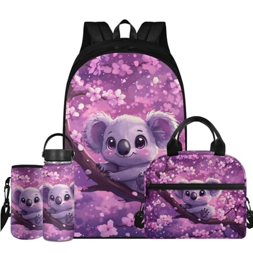 Flashideas Cherry Blossom Koala Backpack for Girls Kids Backpack with Lunch Box 32 oz Water Bottle and Water Bottle Bag 4Pcs Set 17" Cute Bookbag with Compartments for School Lightweight School Bag - color: Cherry Blossom Koala