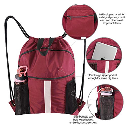BeeGreen Drawstring Backpack Bag with Shoe Compartment, X-Large Black Gym Sports String Cinch Backpack - color: Wine Red
