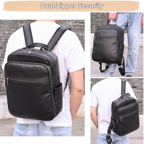 Genuine Leather 15.6 Inch Laptop Backpack for Men & Women, Business Commute Bag Daypack with Multi-Pockets for Travel Outdoor - color: Y80-17y-black