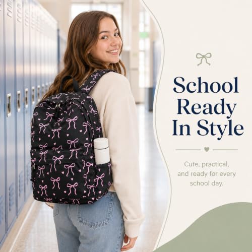 Bluboon School Backpack for Teen Girls Women Laptop Backpack College Bookbags Middle School Travel Work Commuter Back Pack - color: Black Base Pink Bow & Heart