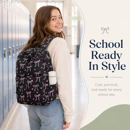 Bluboon School Backpack for Teen Girls Women Laptop Backpack College Bookbags Middle School Travel Work Commuter Back Pack - color: Black Base Pink Bow & Heart