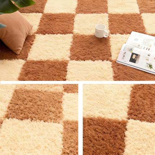 Thickened Plush Foam Interlocking Floor Carpet Mat,24 Piece 12x12in Fluffy Square Puzzle Foam Carpet Tiles with Edgings,Soft Anti-Slip Shaggy Area Rug Playmat(Color:Dark Curry + Light Curry) - color: Dark Curry + Light Curry