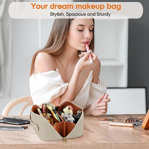 ALEXTINA Travel Makeup Bag, Woven PU Leather Cosmetic Bag, Khaki - color: woven-khaki, size: Medium