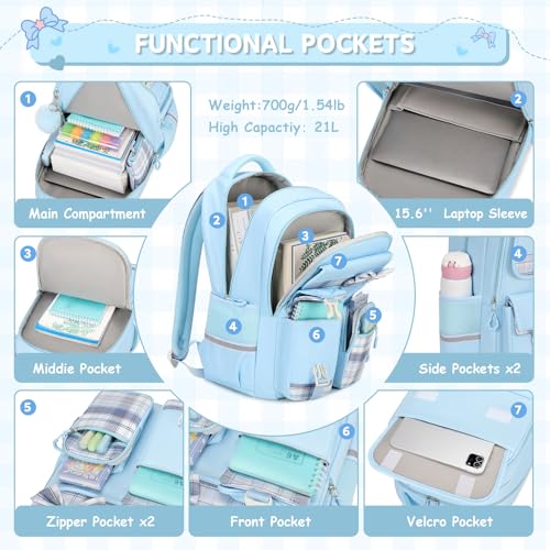 MOONBABY Girls Backpack, Kids Backpack for Girls School Bags with Lunch Bag & Pen Case, Bow Plaid Book Bag for Elementary Middle Primary High School College,Blue-3pcs - color: Blue Set