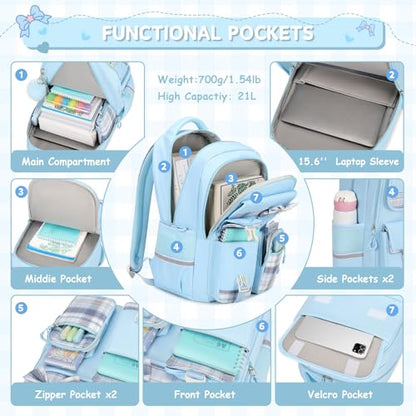 MOONBABY Girls Backpack, Kids Backpack for Girls School Bags with Lunch Bag & Pen Case, Bow Plaid Book Bag for Elementary Middle Primary High School College,Blue-3pcs - color: Blue Set