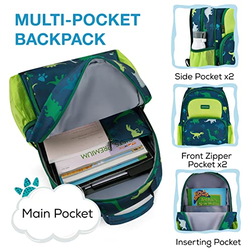 mommore Kids Backpack for Boys Girls 4-8 Kindergarten Elementary School Backpack with Lunch Box - 15” H Fit Folder - color: A-dinosaur, style: 3 Pcs