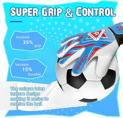 WVVOU Goalkeeper Gloves for Kids Youth, Soccer Goalie Gloves with Double Protection, Anti-Slip Soccer Gloves, Super Grip - color: Blue, size: 4