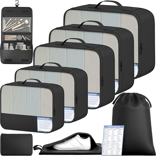 BAGAIL 9 Set Packing Cubes with Packing List Luggage Packing Organizers for Travel Accessories (Black) - color: Black