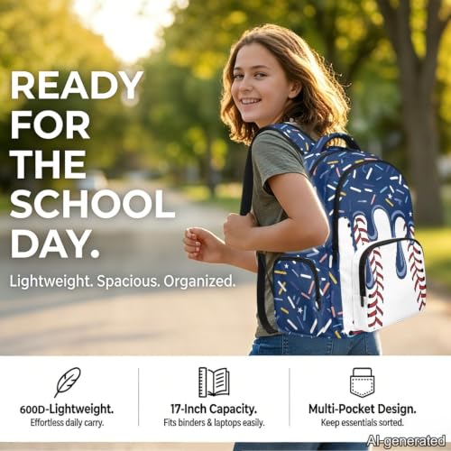 Suobstales Navy Blue Baseball Ice Cream Drip Print Kids Backpack for Girls Boys Elementary School Bookbag School Bag with Zippe Pocket Lightweight Rucksack Travel Daypack with Adjustable Straps - color: Navy Blue Baseball Ice Cream Drip