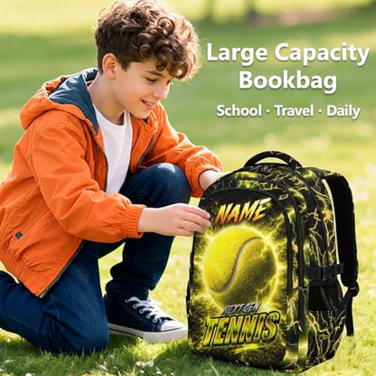 Custom Boys Backpack, Personalized Kids School Bag with Name - 17" Cool Tennis Bookbag for Elementary Middle Students, Reflective Ergonomic Design - color: Yellow