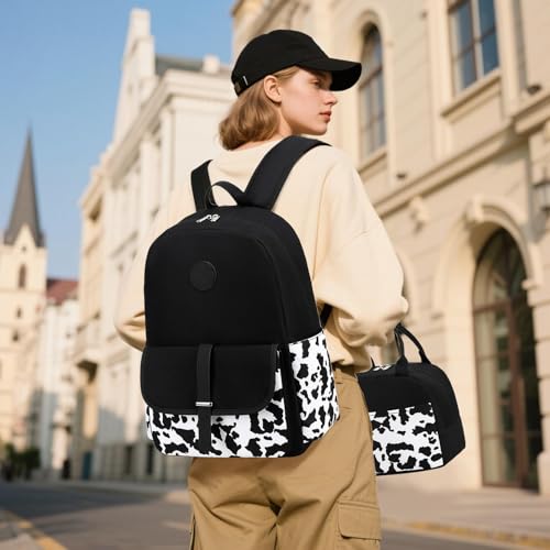 Bluboon Backpack for School Teen Girls Bookbags with Lunch Bag & Pencil Case Aesthetic Water Resistant School Bags for Kids - color: Cow Print