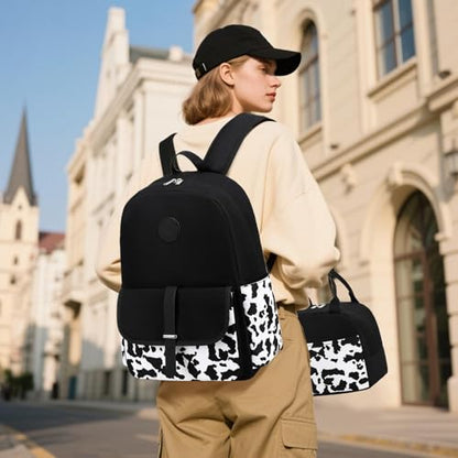 Bluboon Backpack for School Teen Girls Bookbags with Lunch Bag & Pencil Case Aesthetic Water Resistant School Bags for Kids - color: Cow Print