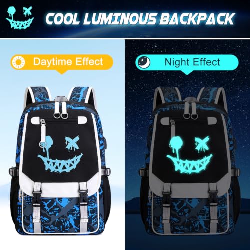 Bevalsa Backpack for Boys, Cool Luminous Boys Backpack with Sling Bag, Lunch Box & Pen Case, School Bags for Kids Children Teens Elementary Middle Schools, Bookbag Glow In The Dark (Smile) - color: Smile