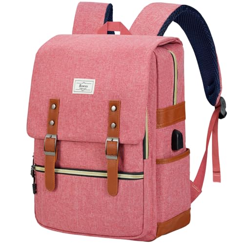 Ronyes Vintage Laptop Backpack for Women Men,15.6 inch Bookbag Casual Daypack with USB Charging Port for College Work, Pink Backpacks - color: Pinkwithusb