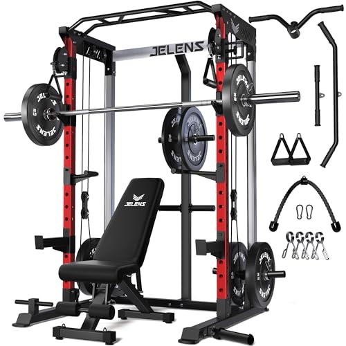 JELENS C21 Power Cage, 2000LBS Multi-Function Power Rack with Independent Dual Pulley System, All-in-One Squat Rack for Cable Crossover, Home Gym Workout Machine - color: Red, size: 230LBS Black Weights Package