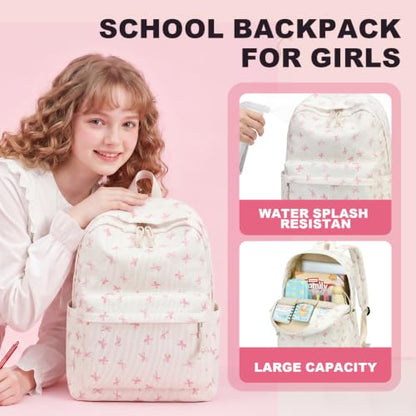 LEDAOU Backpack for Girls School Bag Kids Bookbag Teen Backpack Set Daypack with Lunch Bag and Pencil Case | Kids - color: Pink Bowtie -Beige