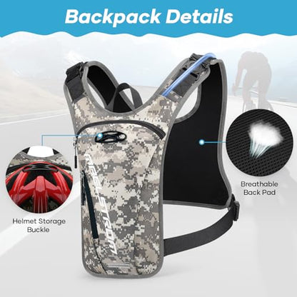 Maelstrom Hydration Vest with 2L Water Bladder Backpack for Running Hiking | Chest Pack, BPA-free, High Flow Bite, Reflective Stripe, Helmet Buckle, Detachable, Breathable Pad, for Cycling, Marathon - color: Camo