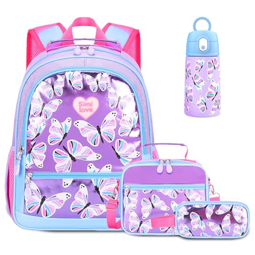 Kids Backpack for Girls 5-8, 4PCS Toddler Backpack with 13oz Kids Insulated Water Bottle, Lunch Box and Pencil Case, Girls Bookbag Schoolbag for Primary Kindergarten Elementary School - color: Purple Blue Butterfly