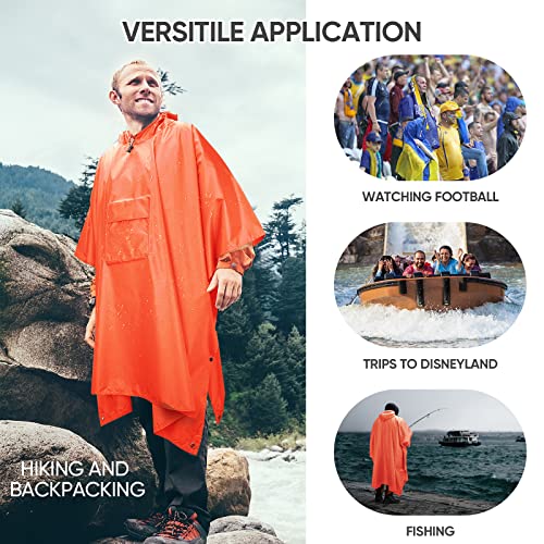PTEROMY 3-in-1 Hooded Rain Poncho for Adult with Pocket, Waterproof Lightweight Unisex Raincoat for Hiking Camping Emergency - color: Orange