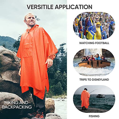 PTEROMY 3-in-1 Hooded Rain Poncho for Adult with Pocket, Waterproof Lightweight Unisex Raincoat for Hiking Camping Emergency - color: Orange