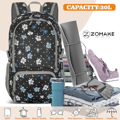 ZOMAKE Lightweight Packable Backpack 30L, Foldable Travel Hiking Daypack - color: D-black,floral Pattern