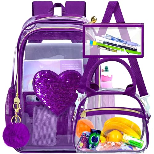 gxtvo 3PCS Girls Clear Backpack Heavy-Duty Set for Women & Teen, 17" See Through Bookbag with Luxurious Gold Zipper, Deep Purple Sequins Transparent School Bag - color: Deep Purple Sequins Clear Backpack Set