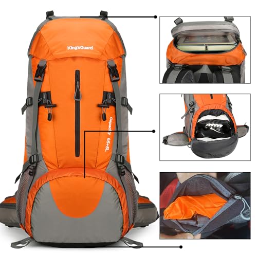 King'sGuard 70L Hiking Backpack with Rain Cover Lightweight Waterproof Travel Camping Backpack Large Backpacking Pack - color: Orange