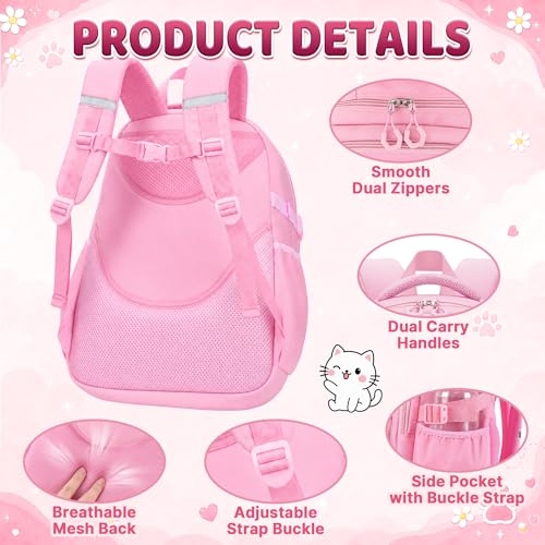 Cat Backpack for Girls, 4 PCS Girls Backpack with Lunch Box Set, Cute Kawaii Large Laptop Bookbag, School Bag for Elementary Kids & Teens - color: Cat