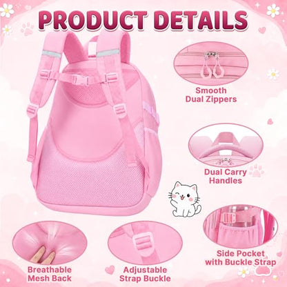 Cat Backpack for Girls, 4 PCS Girls Backpack with Lunch Box Set, Cute Kawaii Large Laptop Bookbag, School Bag for Elementary Kids & Teens - color: Cat
