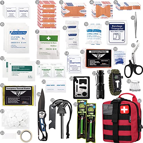 EVERLIT 250 Pieces Survival First Aid Kit IFAK EMT Molle Pouch Survival Kit Outdoor Gear Emergency Kits Trauma Bag for Camping Boat Hunting Hiking Home Car Earthquake and Adventures - color: Red