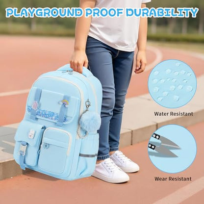 MUSEVOS Girls Backpack, Kids Backpack for Girls, School Bookbag for Teens Age 6-15, Large Capacity Water Resistant Backpack for Elementary to High School, Cute Travel Daypack, Blue - color: Blue