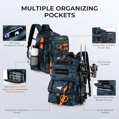 KastKing BaitSpace Fishing Tackle Backpack with Removable Bait Binder,2 Rod Holders Storage Fishing Gear and Equipment - color: G: Blue Camo（Without tackle box）