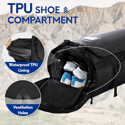 Haimont Heavy Duty Convertible Travel Duffel Backpack, Black, 45L | Shoe Compartment, Water-Resistant Tarpaulin, Wide U-Shaped Opening - color: Black, size: 45L
