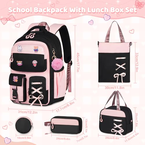 Girls Backpack with Lunch Box, 5pc Cute Pink/Black Bookbag for Kids Teen, Kawaii Aesthetic Elementary School Backpack - color: Pink Black