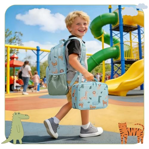 mommore Kids Backpack for Boys Girls 4-8 Kindergarten Elementary School Backpack with Lunch Box - 15” H Fit Folder - color: Animals Print, style: 3 Pcs