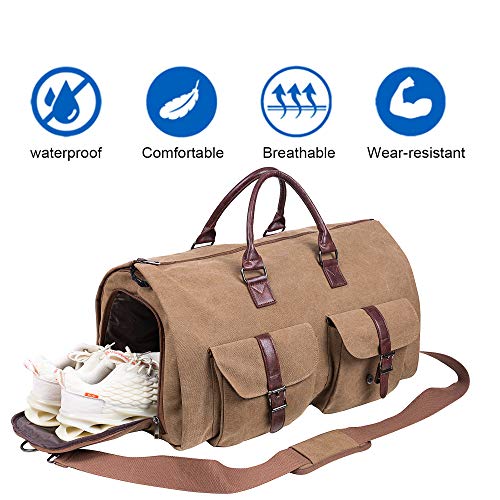 seyfocnia Convertible Travel Garment Bag,Carry on Garment Duffel Bag for Men Women - 2 in 1 Hanging Suitcase Suit Business Travel Bag - color: Brown-two pockets-Canvas