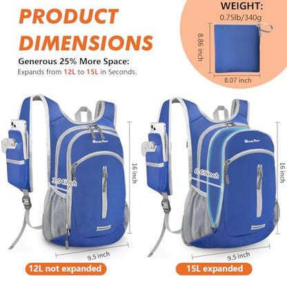 Seektop Small Hiking Backpack Expandable 12L-15L, Lightweight Packable Waterproof Daypack with Phone Pocket for Women Men - color: Navy Blue