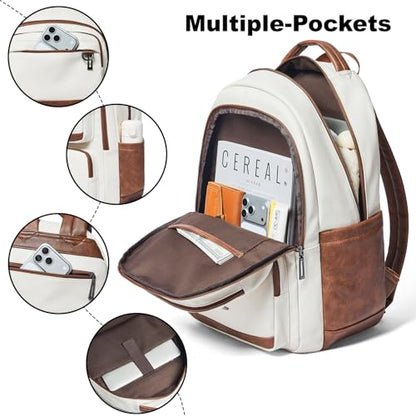 LATMAP Vegan Leather Backpack 17Inch Laptop Backpack for Women Travel Beige | Large capacity, laptop compartment, water-resistant, easy to wipe clean, TSA-friendly, with luggage strap & pickpocket-proof - color: Beige W/ Brown Trim